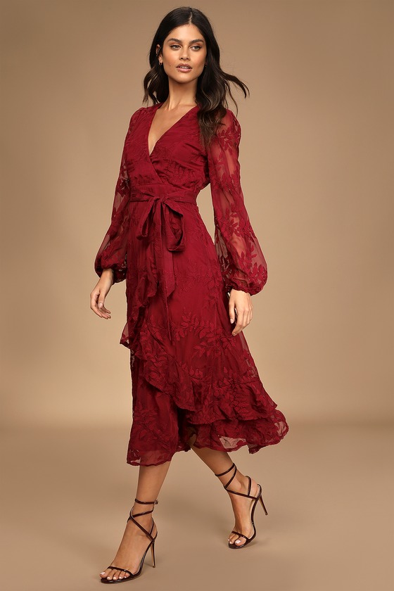 Burgundy Midi Dress - Ruffled Midi Dress - Embroidered Midi Dress - Lulus